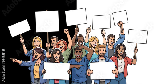 Diverse group of people holding protest signs.