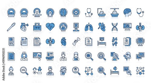Collection of medical and healthcare icons representing various medical concepts and elements.