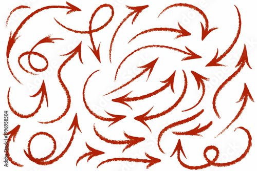 Numerous red arrows and circular shapes scattered across a white background