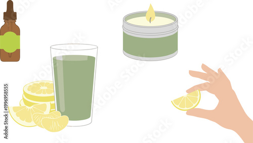 Lemon Wellness Vector Set Featuring Essential Oil Bottle, Fresh Juice Glass, Slices, Candle, and Hand Holding Citrus for Health, Spa, and Aromatherapy Design