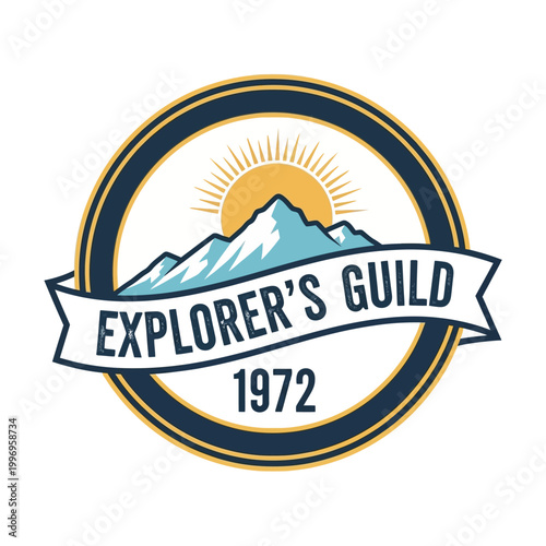 Explorers Guild vintage emblem with mountains and sun.
