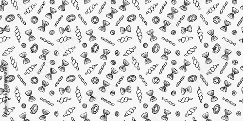 A seamless pattern of various hand drawn pasta shapes in black and white