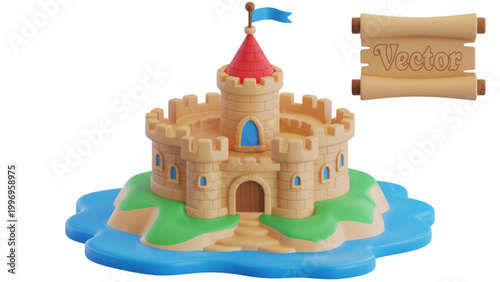 Colorful cartoon sandcastle with parchment scroll and flag on a beach Vector