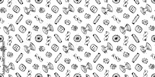A whimsical hand drawn pattern of various pasta shapes in black and white