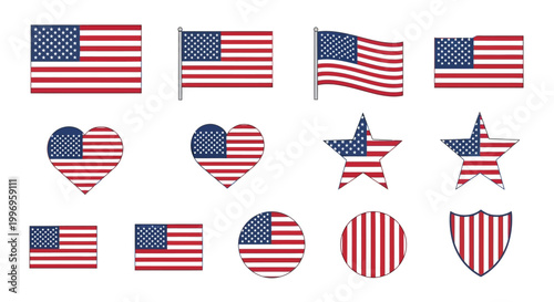 A versatile collection of American flag illustrations presented in diverse shapes and styles, embodying national identity and patriotic symbolism for various design projects and celebratory events