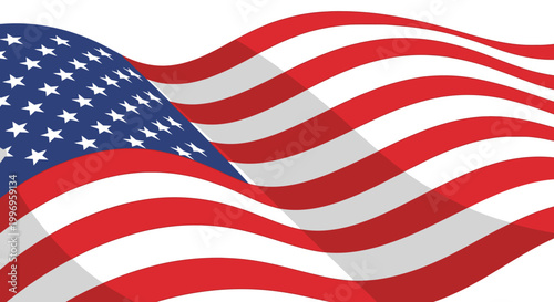 Waving American Flag illustration with red and white stripes and blue field with stars