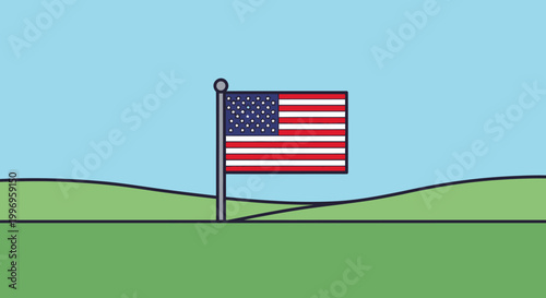 Vibrant illustration of the American national flag proudly waving on a pole in a serene green landscape under a clear blue sky, symbolizing national pride and freedom with a clean, vector aesthetic