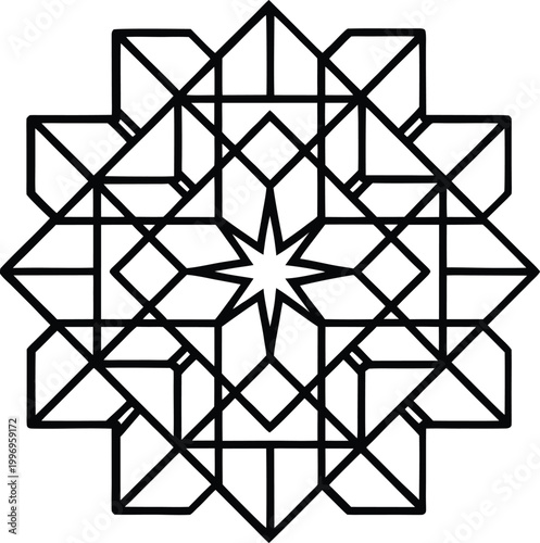 Foto Geometric star pattern with black lines on white background