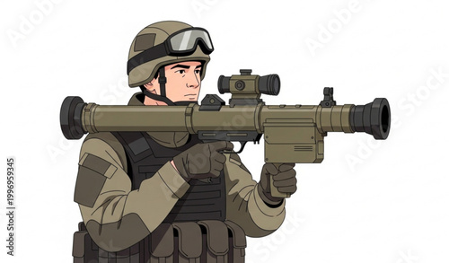 Soldier with portable anti tank missile launcher in training position vector illustration isolated on white background