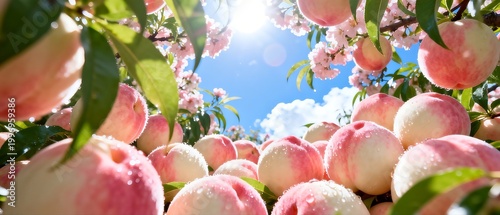 Fresh Ripe Peaches on Tree with Pink Blossoms