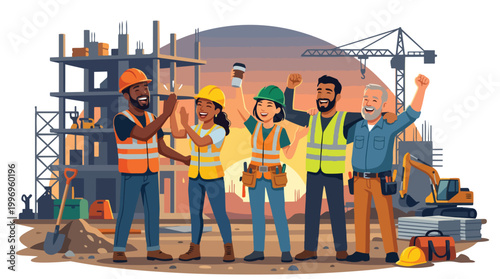 Diverse construction workers celebrating success on a building site with a crane and excavator in the background at sunset