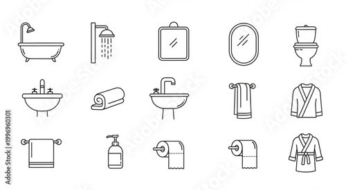 Bathroom essentials collection - bathtub, shower, mirrors, toilet, sink, towels, and bathrobes.