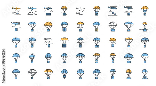 Collection of various parachutes and airplanes in different styles and designs.