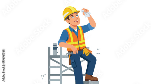 Construction worker wiping sweat from forehead on a hot day, taking a break on scaffolding with tools and thermos, representing hard work and industry labor