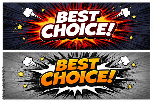 Two horizontal comic style banners with Best Choice text in bold 3D lettering on vibrant explosion backgrounds. Pop art vector illustration for marketing, advertising, and promotional campaigns.