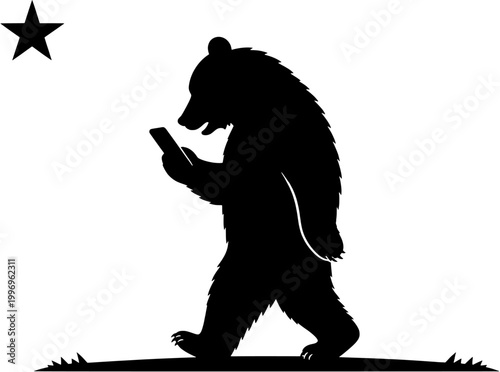 California Bear Using Smartphone Silhouette Vector
