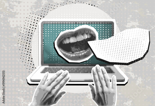 Trendy halftone collage Laptop with speaking lips with speech bubble. Social media communication. Trendy illustration for web banner social media.