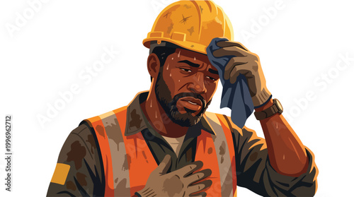 Exhausted Construction Worker Wiping Sweat From Forehead During Hot Weather Labor Intense Work Industrial Occupation