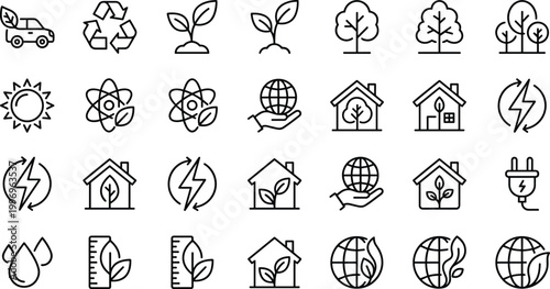 Bild auf Leinwand Eco Energy and Sustainability Icon Set with Renewable Power, Green Home, Recycli