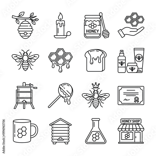 Collection of honey and beekeeping related outline icons with honey jar dipper queen bee honeycomb certificate beekeeping illustration agriculture minimalist sweetener ecosystem