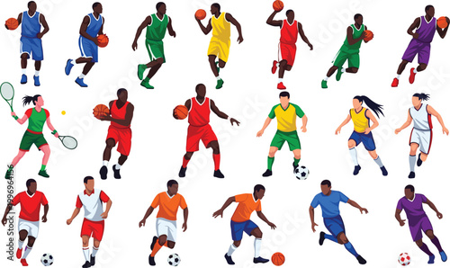 Multi-Sport Athlete Illustration Set Featuring Basketball, Soccer, and Tennis Players in Action for Sports Design and Promotion