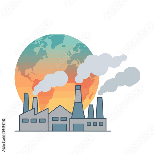 Industrial Pollution Concept with Factory Smoke and Earth Globe Illustration