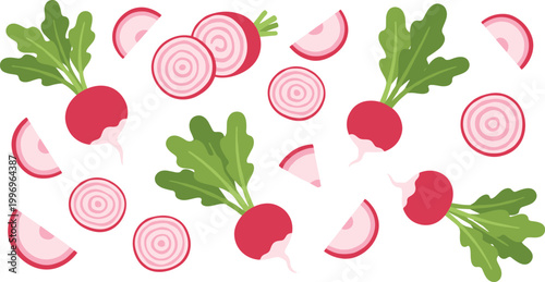 Radish Vegetable Pattern with Whole Roots, Slices and Leaves in Seamless Flat Vector Illustration for Fresh Food Background Design