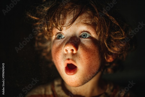 Close-up of a freckled child expressing surprise