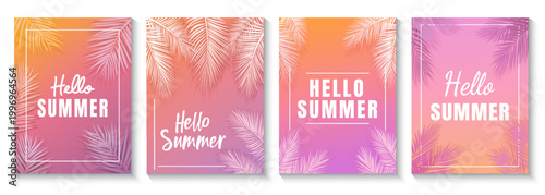Set of summer postcards with tropical leaves. Beautiful palm leaves on a pink background with the text Hello Summer. Concept of travel and beach relaxation. Vector illustration for posters, banners.