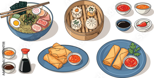 Traditional Asian Food Illustration Set Featuring Ramen Noodles Dim Sum Dumplings and Spring Rolls with Dipping Sauces for Restaurant Menus and Culinary Branding