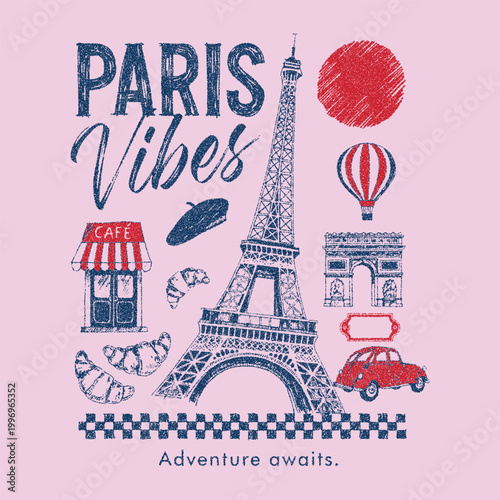 Vector t-shirt with france paris design. Vector illustration design for fashion graphics, t shirts, prints, posters, stickers.  France city artwork for apparel, sticker, background, poster and others.