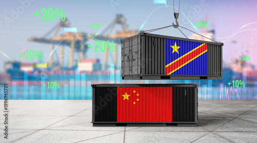 Fotografía Trade and Logistics: Intercontinental commerce, featuring a container marked with the flag of Democratic Republic of the Congo being transported over another one emblazoned with the flag of China