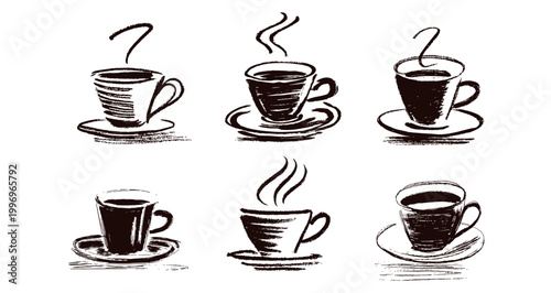 Three coffee illustrations with steaming cups and takeaway cup design	
