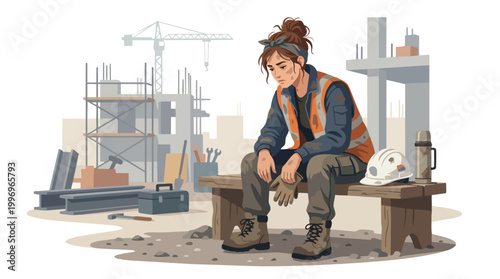 Exhausted Female Construction Worker Taking Break on Site Amidst Building Frameworks and Industrial Landscape
