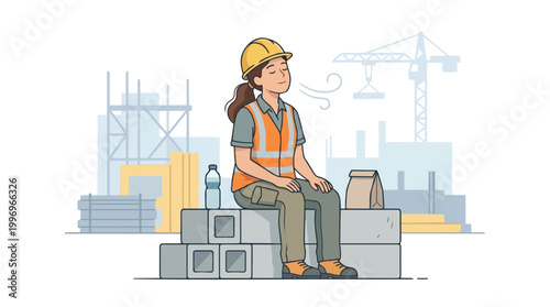 Female Construction Worker Resting on Concrete Blocks at Building Site with Crane in Background Vector Illustration