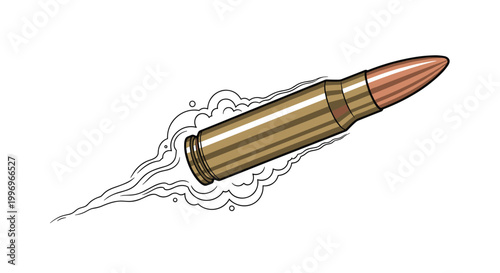 High velocity rifle bullet flies through the air leaving a trail of smoke and air displacement in a realistic and dynamic illustration.