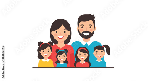 Portrait of a happy smiling family including two parents and four young daughters standing together on a clean and bright white background.