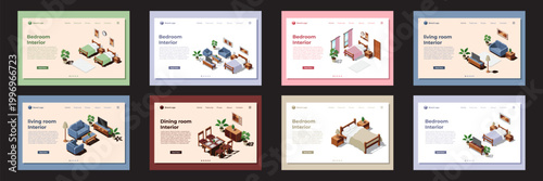 Isometric rooms landing page. Isometric home rooms. Isometric home furniture banner. Home interior for website template or landing homepage