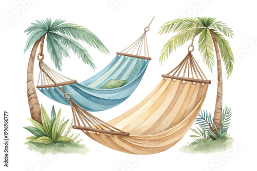 Hand-Painted Hammock Icon, Cozy Relaxing Watercolor Clipart, Isolated Vector Illustration