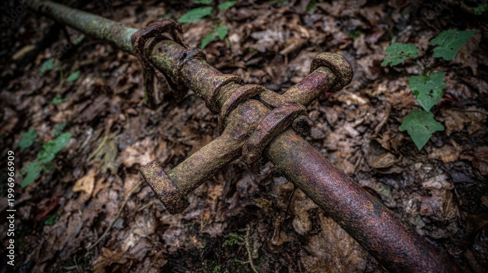 Fototapeta premium A heavily rusted iron pipe joint rests on dry leaves, evoking a sense of industrial decay and nature's reclamation.