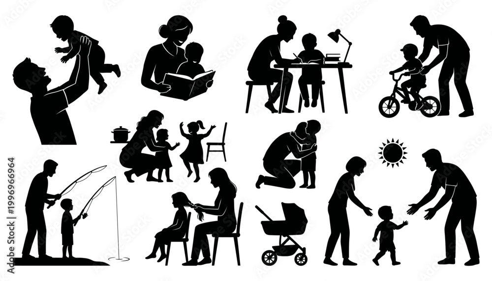 Fototapeta premium Silhouette illustrations of parents bonding with children through various daily activities and moments. Parenting & Child Development Moments