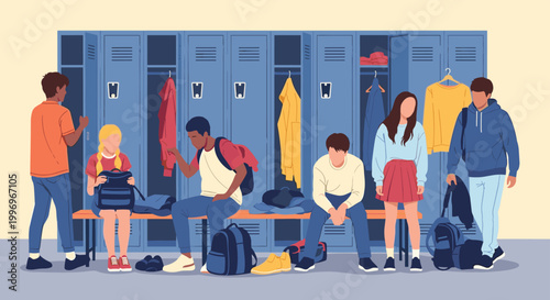 Group of diverse students interact in a high school locker room with blue lockers and benches while preparing for their next class or activity.