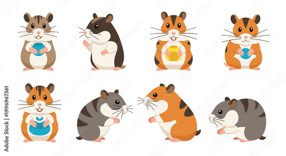 Fototapeta premium Collection of cute hamster illustrations in different poses and colors including some holding food and others standing or sitting.