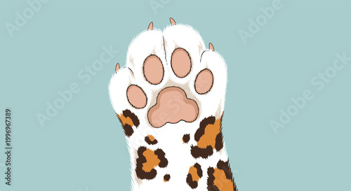 Close up illustration of a furry calico cat paw with visible claws extended against a solid light blue background.