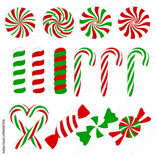 Festive collection of Christmas candy elements including candy canes and peppermint. Perfect for holiday design and decoration.