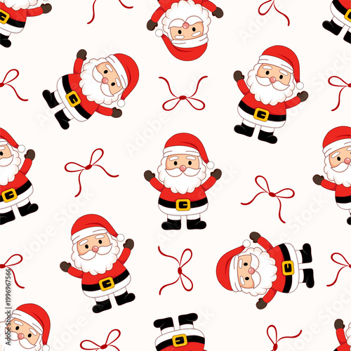 seamless pattern with Santa Claus and festive elements. Ideal for kids products, wrapping paper, and holiday designs.
