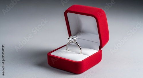 Diamond ring in a red velvet jewelry gift box on white background