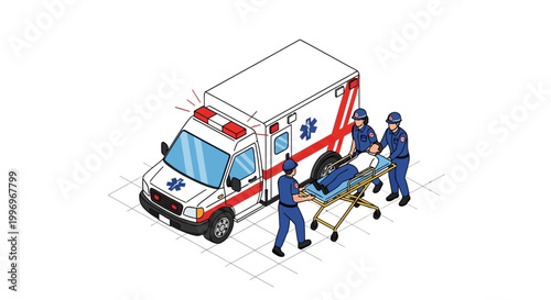 Paramedics in uniform carefully transport a patient on a stretcher into an ambulance.