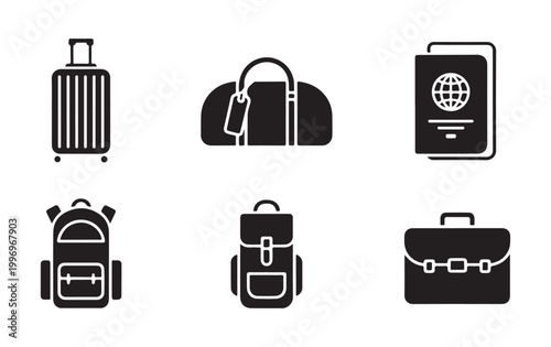 Collection of travel and business icons suitcase duffel bag passport backpack briefcase luggage travel.