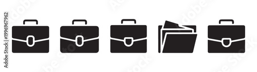 Five black business briefcase icons with folders and closures office work document folder bag.
